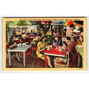 Vintage Linen Postcard Dining at Original Farmers Market Hollywood CA 1940s